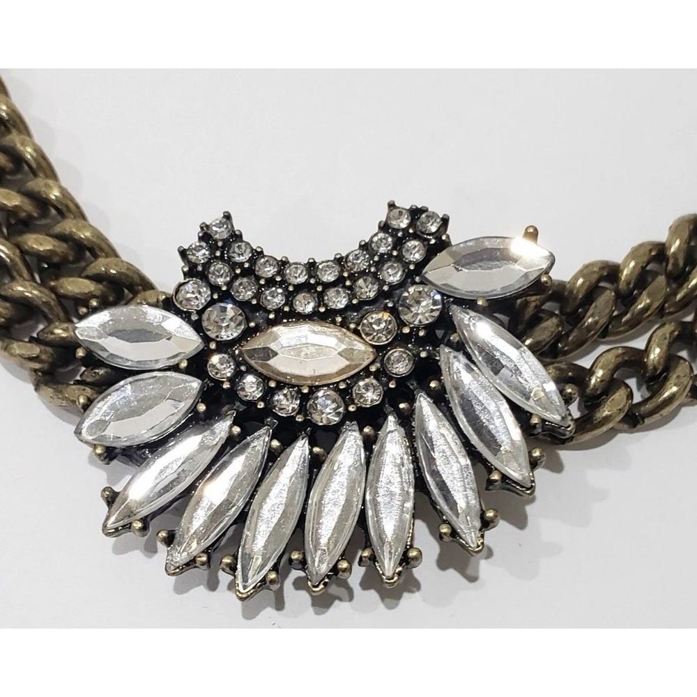 Vintage Womens Bronce Tone Double Chain Rhinestone Front Statement Necklace - Picture 8 of 12
